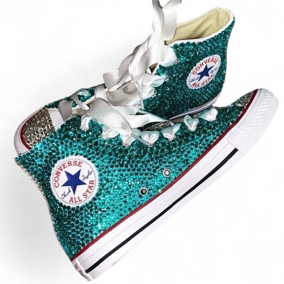 Teal Crystal Diamond High Top Converse Sizes 5-14 New In Box With Ribbon Lacs - Picture 1 of 14